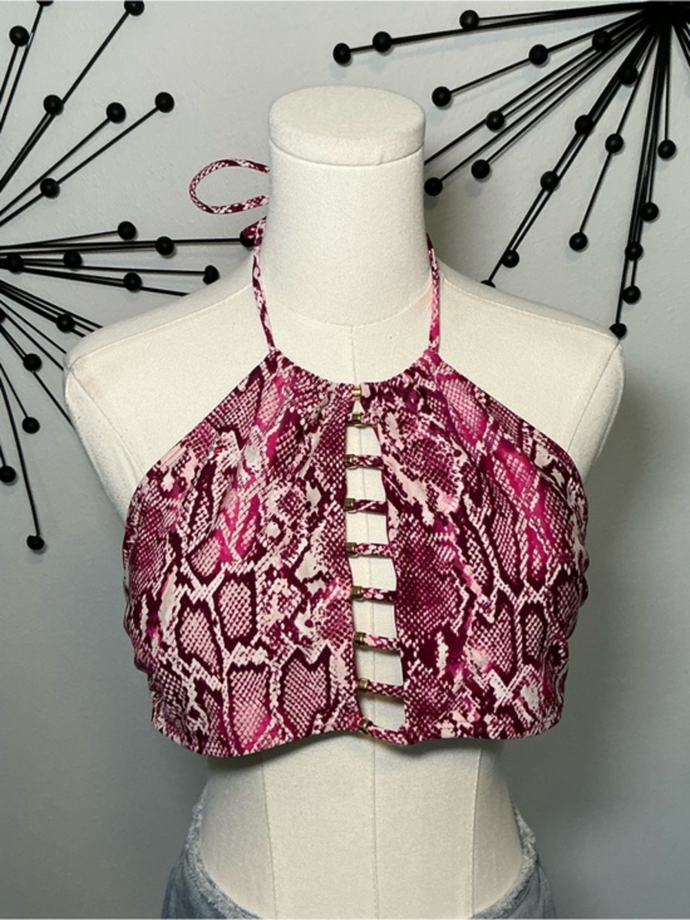 Bebe Pink Snakeskin Halter Bikini Top Cutout Swim Top Size Large